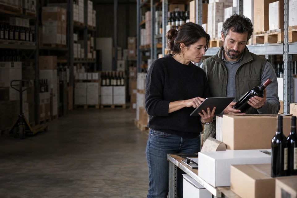 Illustrative scene of two wine professionals reviewing a bottle and an order in a warehouse