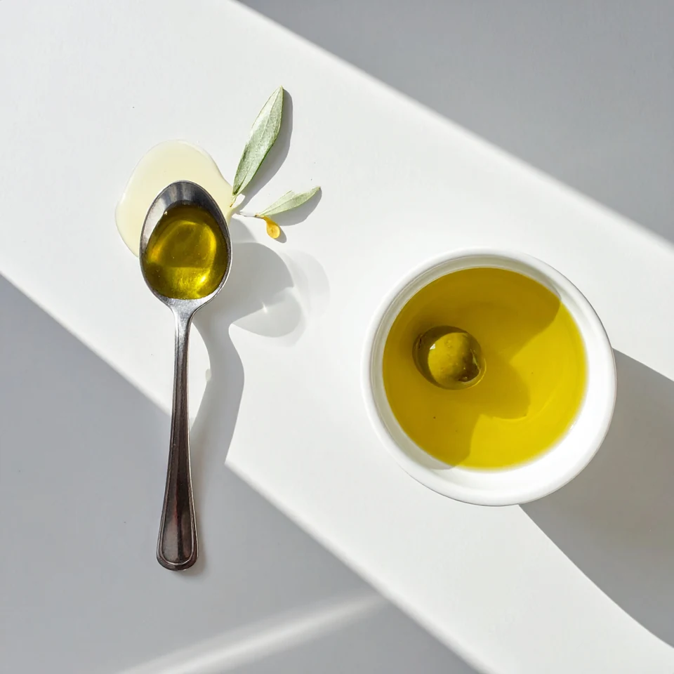 Olive oil in a silver spoon and a white bowl, with olive leaves on a sunlit surface