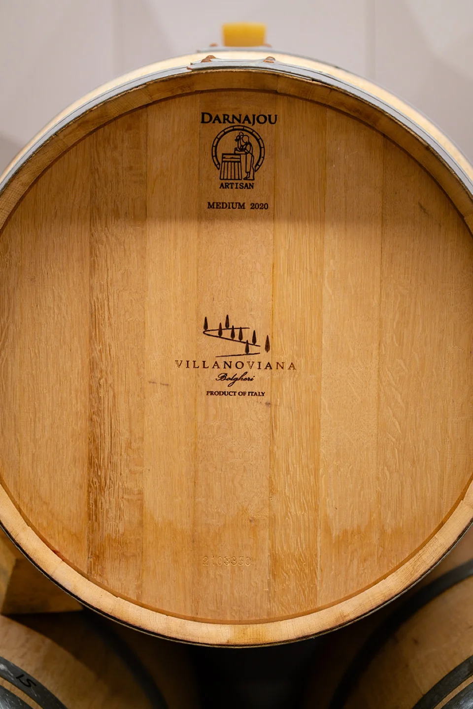 Oak barrel bearing the Villanoviana estate name